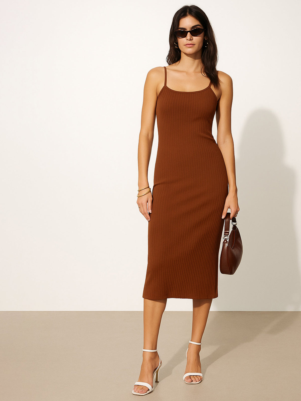 Brown Rib Strappy Slip-on Dress-SASSAFRAS