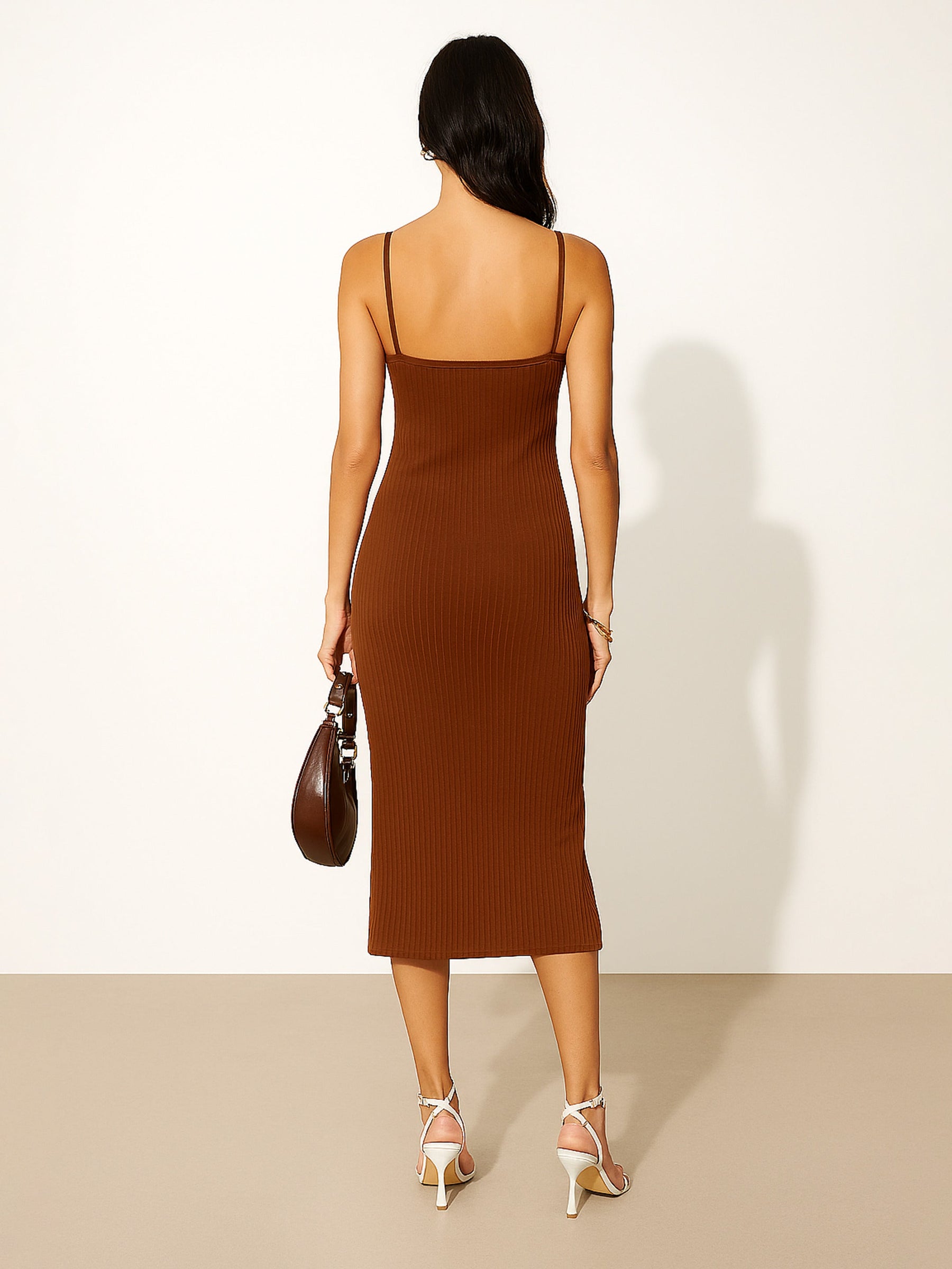 Brown Rib Strappy Slip-on Dress-SASSAFRAS
