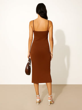 Brown Rib Strappy Slip-on Dress-SASSAFRAS