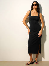 Black Rib Square Neck Sleeveless Midi Dress-SASSAFRAS