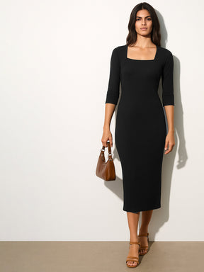 Black Rib Square Neck Sticth Detail Midi Dress-SASSAFRAS