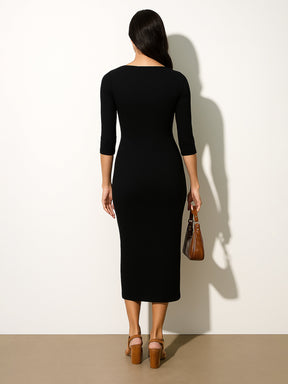 Black Rib Square Neck Sticth Detail Midi Dress-SASSAFRAS