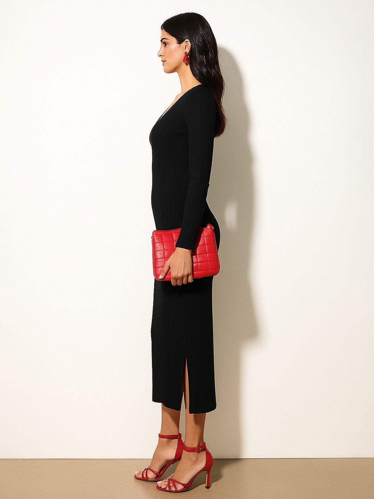 Black Rib Sweetheart Neck Ankle Full Sleeve Midi Dress-SASSAFRAS