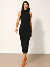 Black Rib Sleeveless Turtle Neck Midi Dress-SASSAFRAS