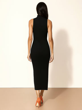 Black Rib Sleeveless Turtle Neck Midi Dress-SASSAFRAS