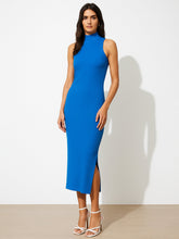 Royal Blue Sleeveless Rib Turtle Neck Midi Dress-SASSAFRAS
