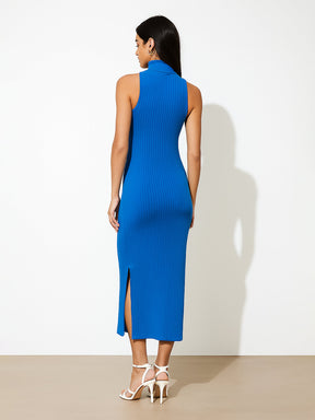 Royal Blue Sleeveless Rib Turtle Neck Midi Dress-SASSAFRAS