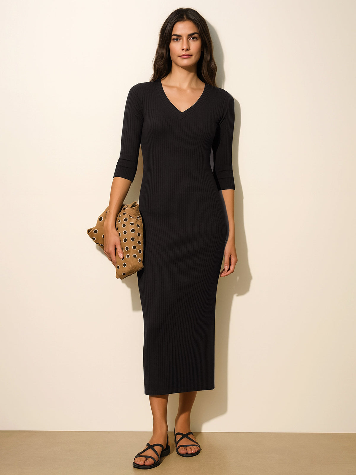 Black Rib Deep V-Neck Ankle Midi Dress-SASSAFRAS