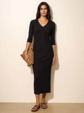 Black Rib Deep V-Neck Ankle Midi Dress-SASSAFRAS