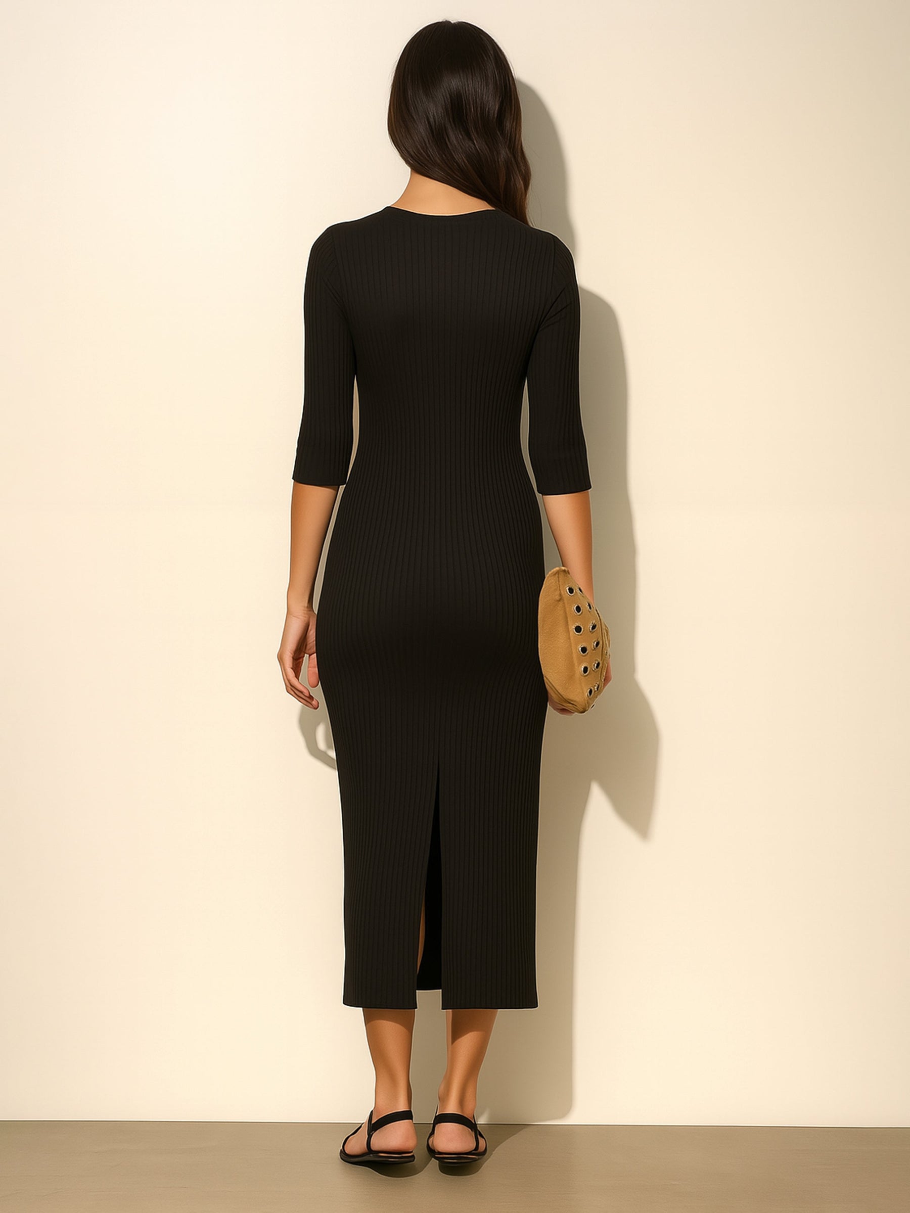 Black Rib Deep V-Neck Ankle Midi Dress-SASSAFRAS