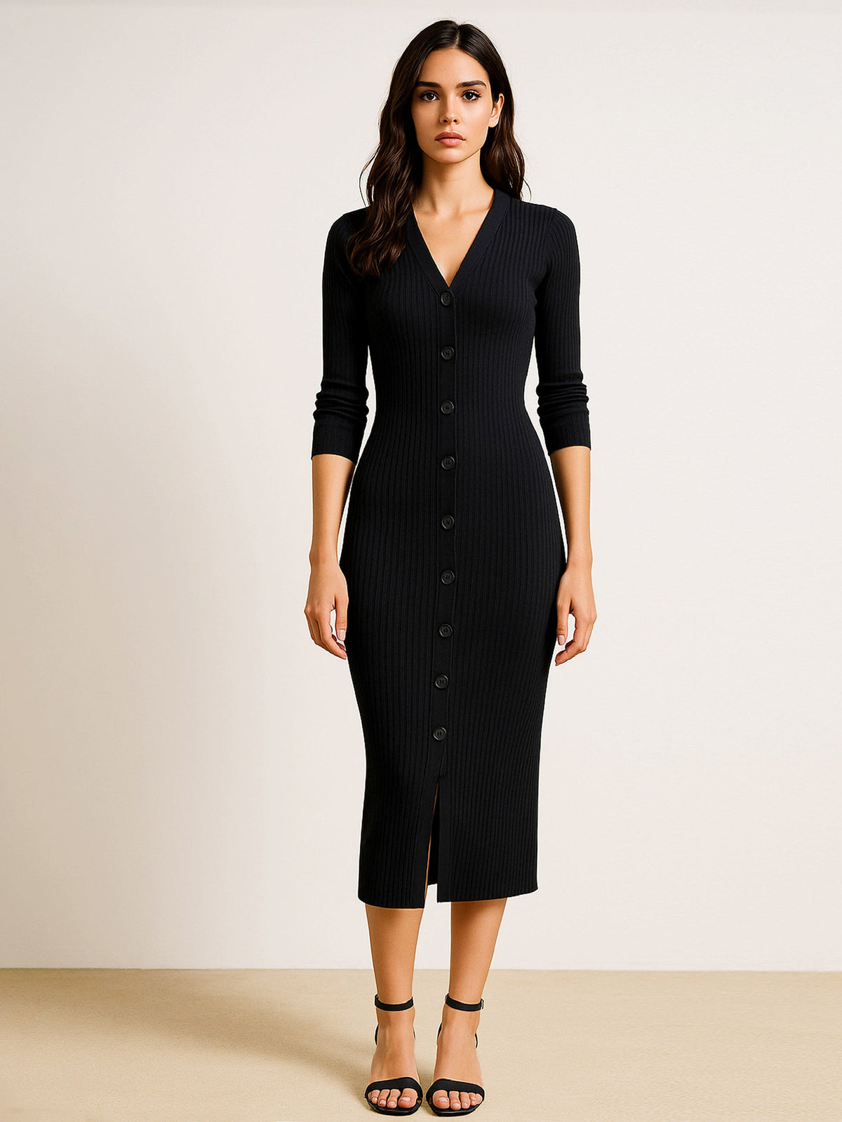 Black Rib Full Front Button V-Neck Midi Dress-SASSAFRAS