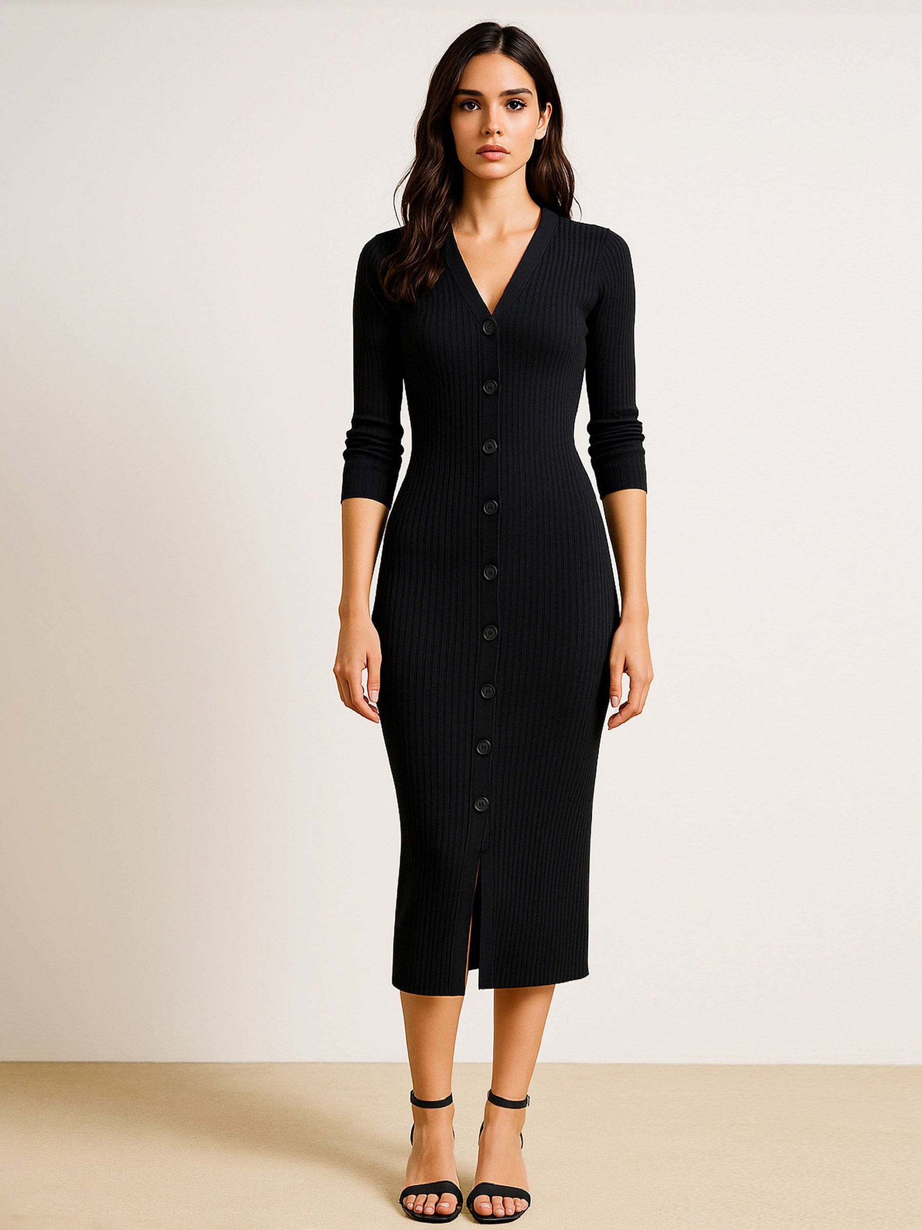 Black Rib Full Front Button V-Neck Midi Dress-SASSAFRAS