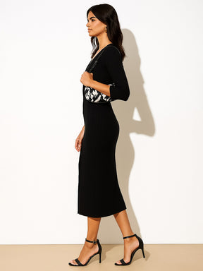 Black Rib Full Front Button V-Neck Midi Dress-SASSAFRAS