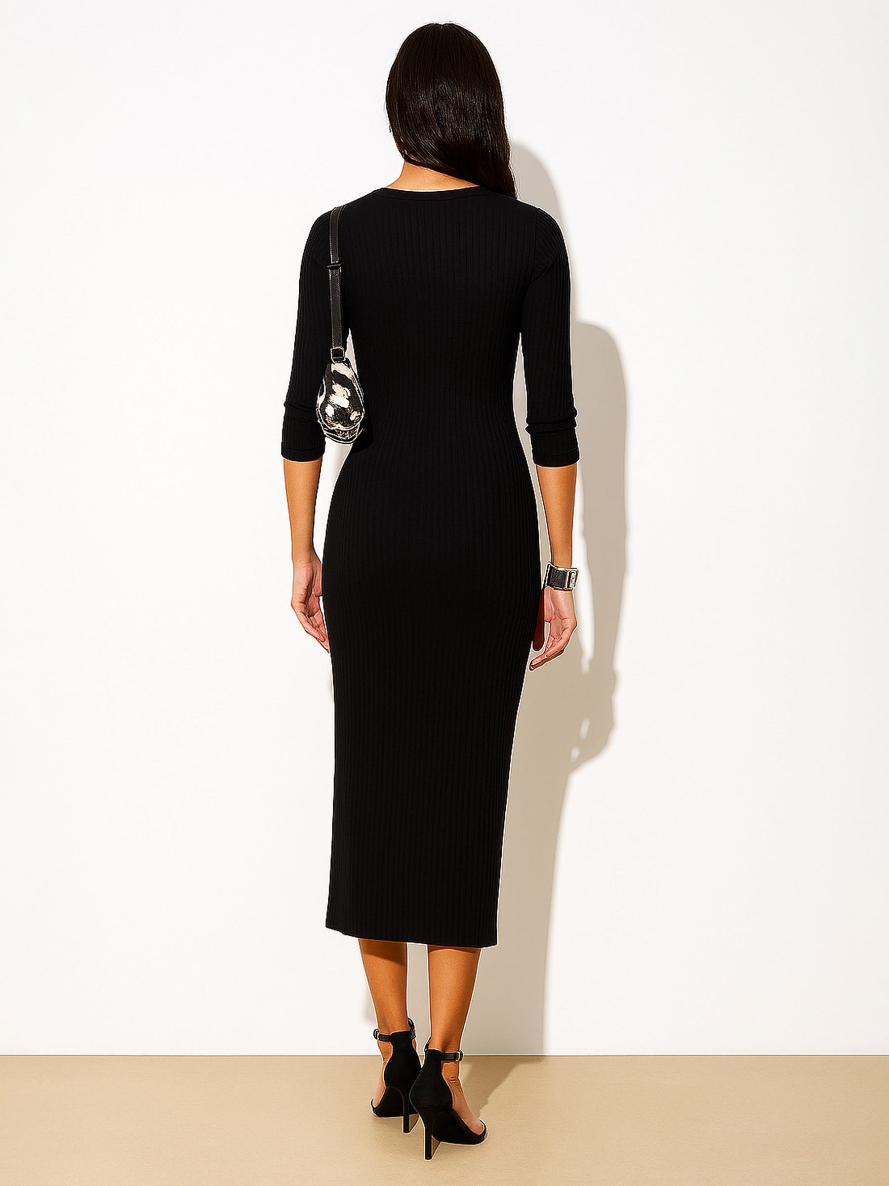 Black Rib Full Front Button V-Neck Midi Dress-SASSAFRAS