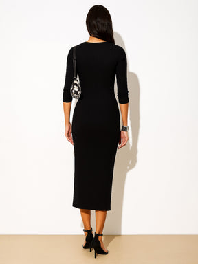 Black Rib Full Front Button V-Neck Midi Dress-SASSAFRAS