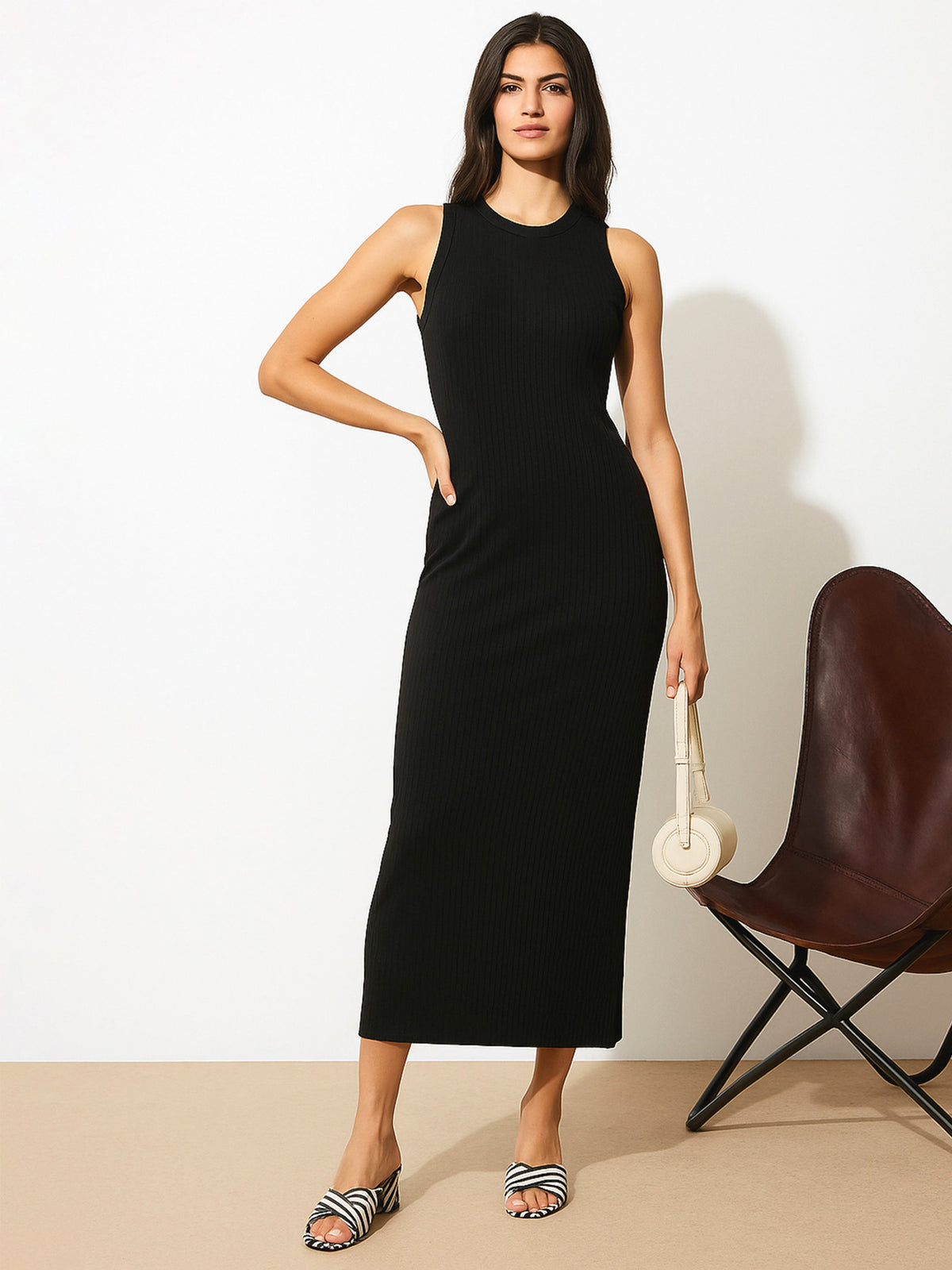 Black Rib Sleeveless Bodycon Maxi Dress-SASSAFRAS