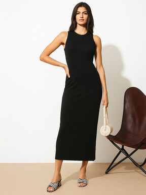 Black Rib Sleeveless Bodycon Maxi Dress-SASSAFRAS