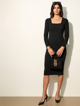 Black Rib Square Neck FS Midi Dress-SASSAFRAS