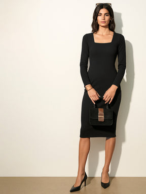 Black Rib Square Neck FS Midi Dress-SASSAFRAS