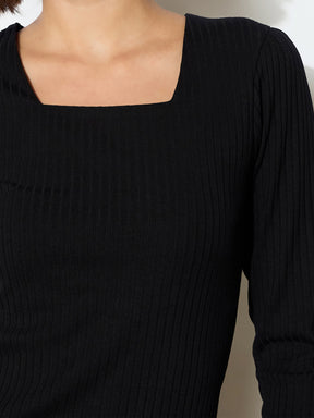 Black Rib Square Neck FS Midi Dress-SASSAFRAS