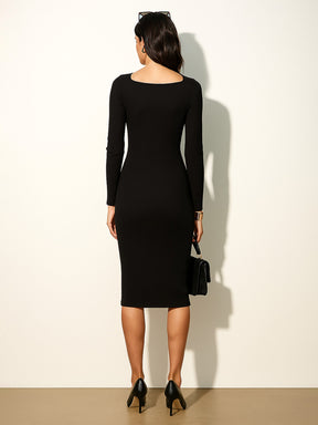Black Rib Square Neck FS Midi Dress-SASSAFRAS