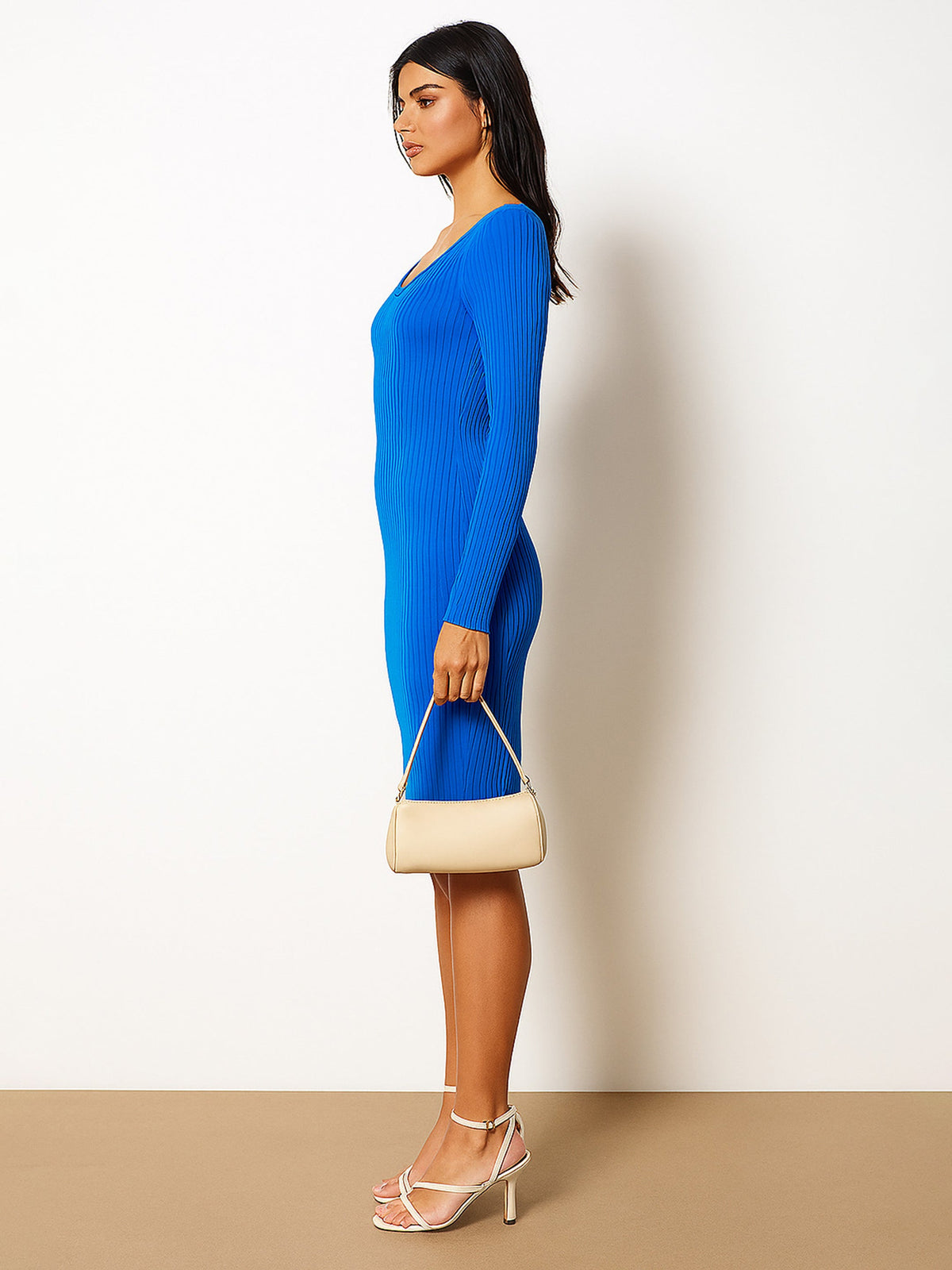 Royal Blue Rib Sweetheart Neck Knee Dress-SASSAFRAS