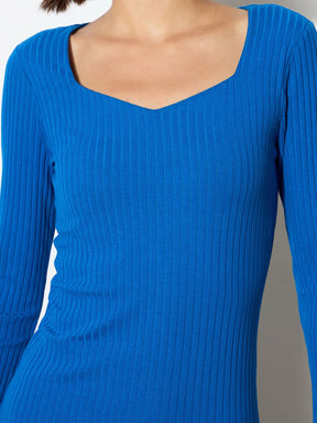 Royal Blue Rib Sweetheart Neck Knee Dress-SASSAFRAS