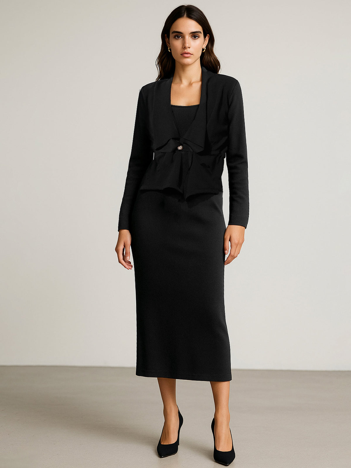 Black Strappy Bodycon Dress With Shrug-SASSAFRAS