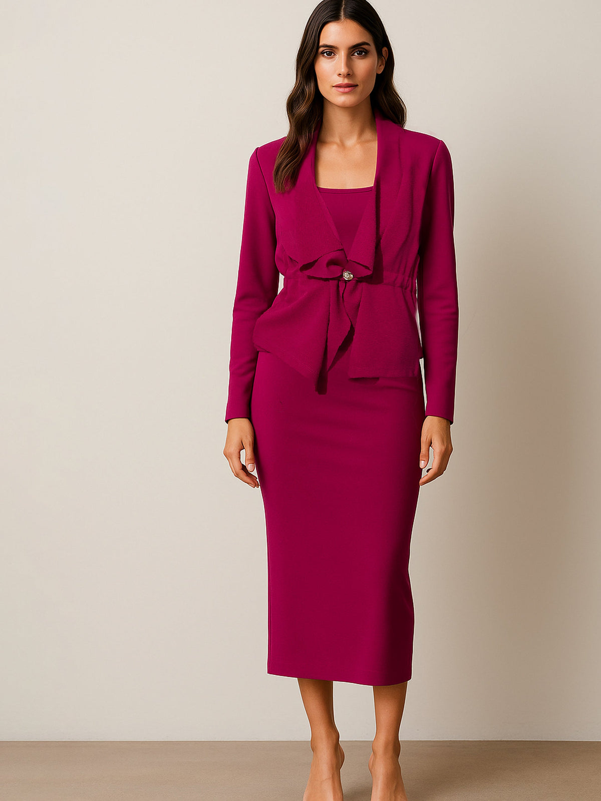 Fuchsia Strappy Bodycon Dress With Shrug-SASSAFRAS