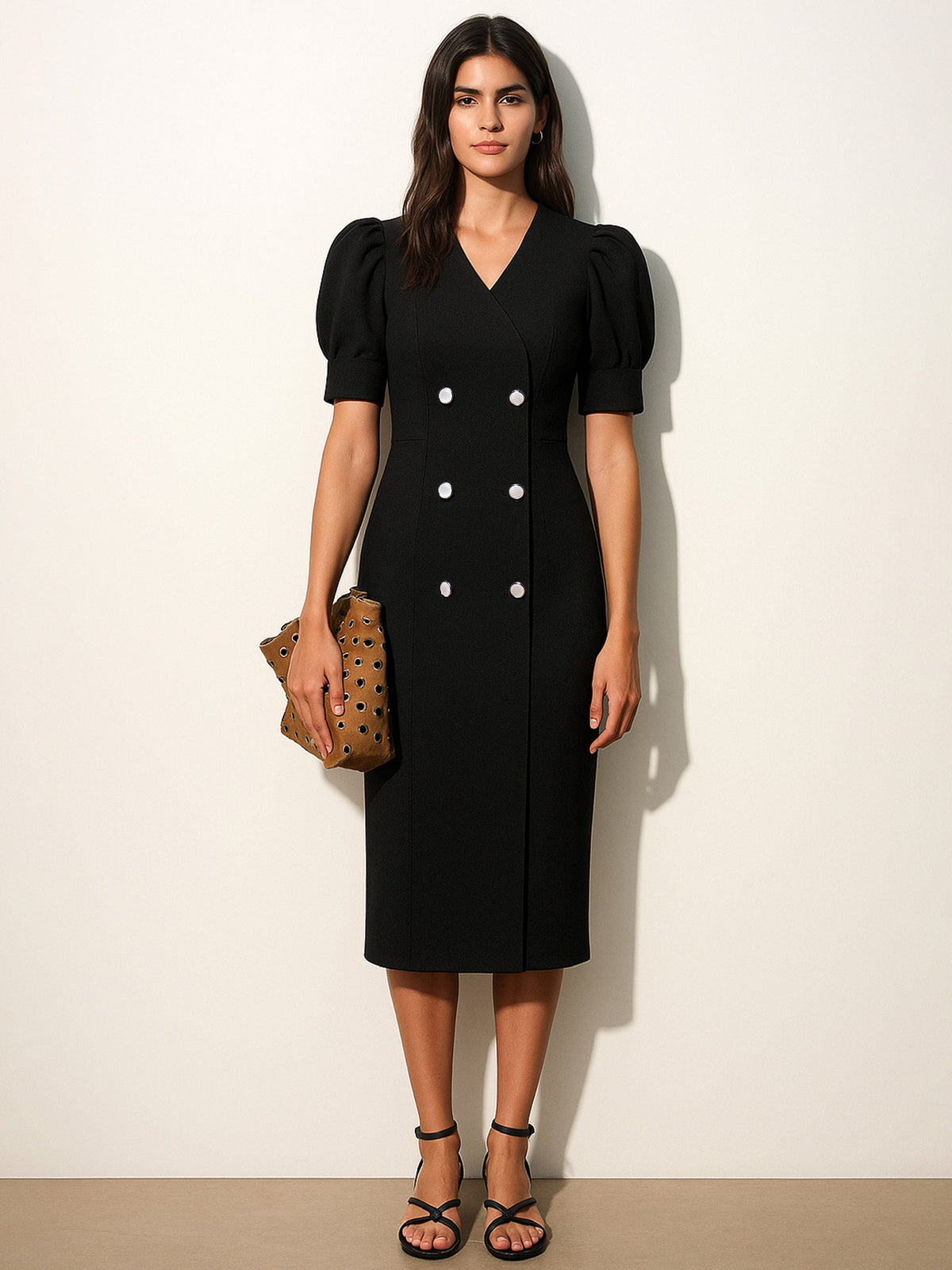 Black Double Button Mock Placket Bodycon Dress-SASSAFRAS