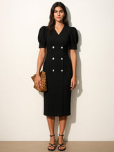 Black Double Button Mock Placket Bodycon Dress-SASSAFRAS