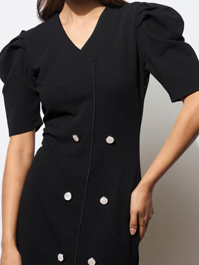 Black Double Button Mock Placket Bodycon Dress-SASSAFRAS