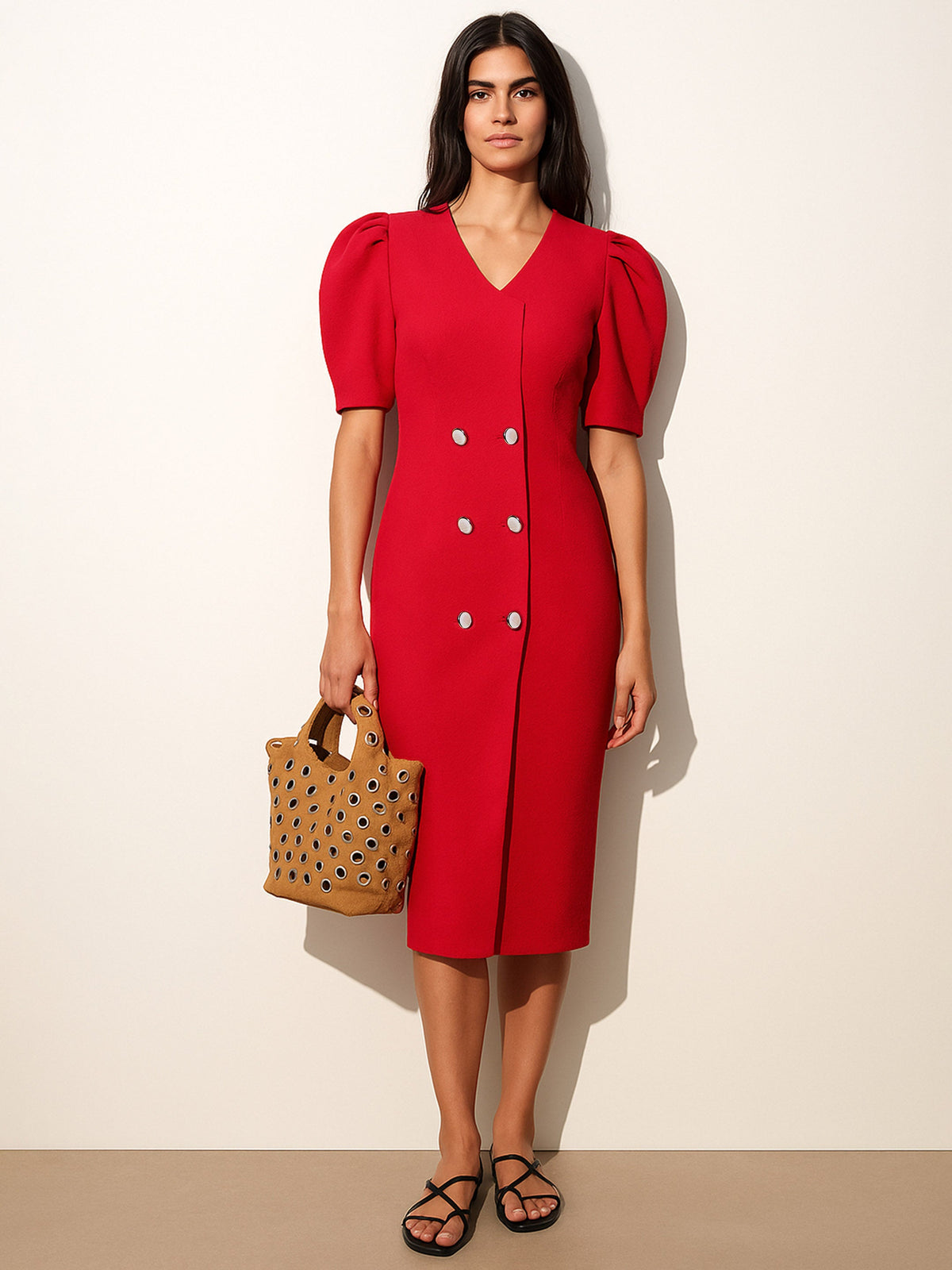 Red Double Button Mock Placket Bodycon Dress-SASSAFRAS