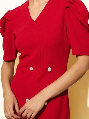 Red Double Button Mock Placket Bodycon Dress-SASSAFRAS