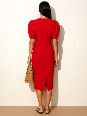 Red Double Button Mock Placket Bodycon Dress-SASSAFRAS