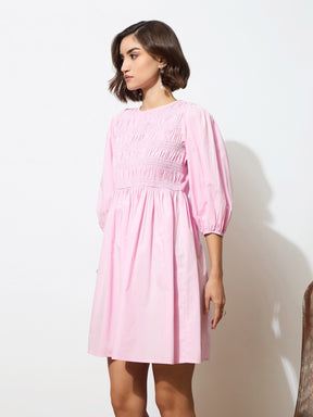 Pink Poplin Smocked Gathered Dress-SASSAFRAS