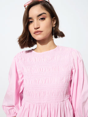 Pink Poplin Smocked Gathered Dress-SASSAFRAS