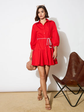 Red Poplin Short Skater Dori-Belt Dress-SASSAFRAS