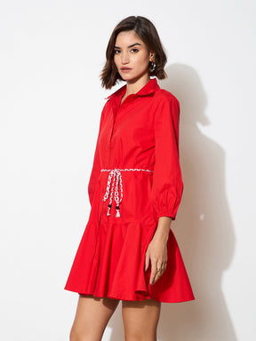 Red Poplin Short Skater Dori-Belt Dress-SASSAFRAS