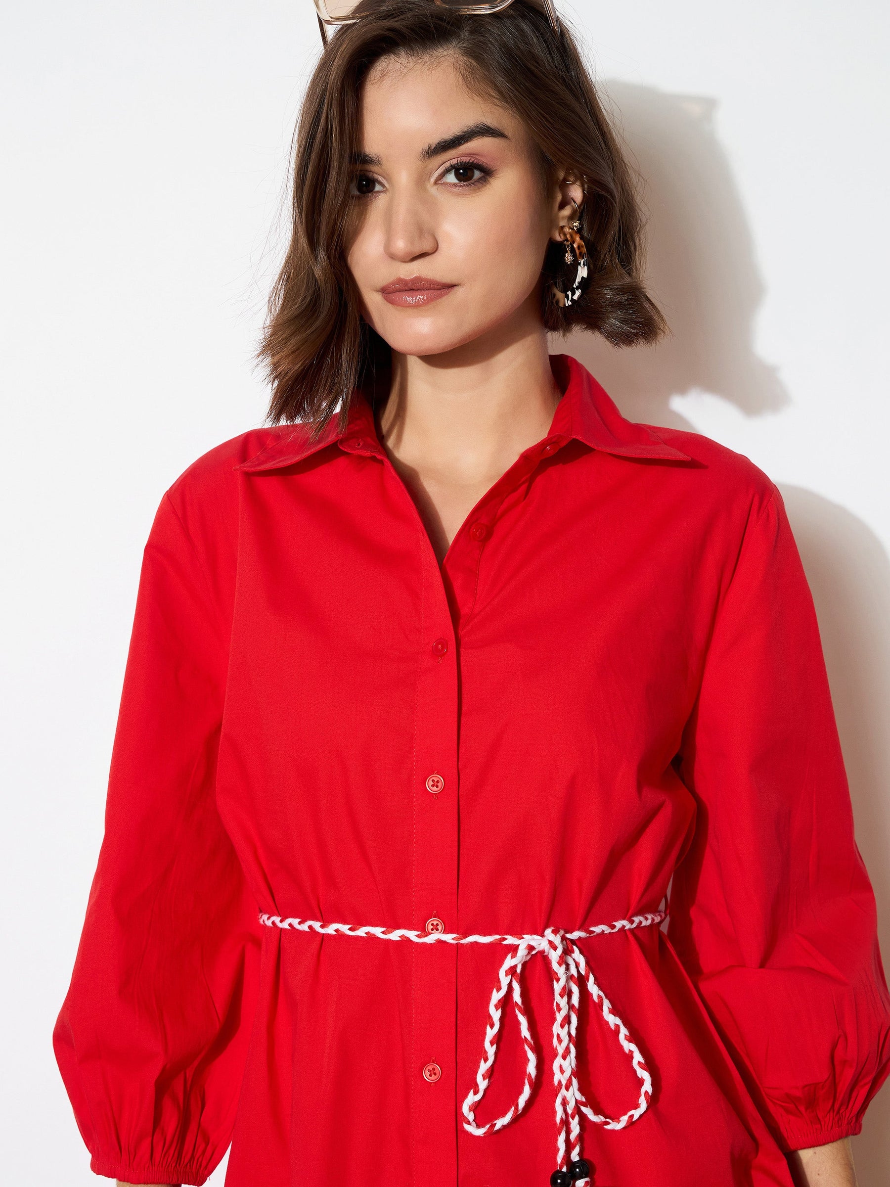 Red Poplin Short Skater Dori-Belt Dress-SASSAFRAS