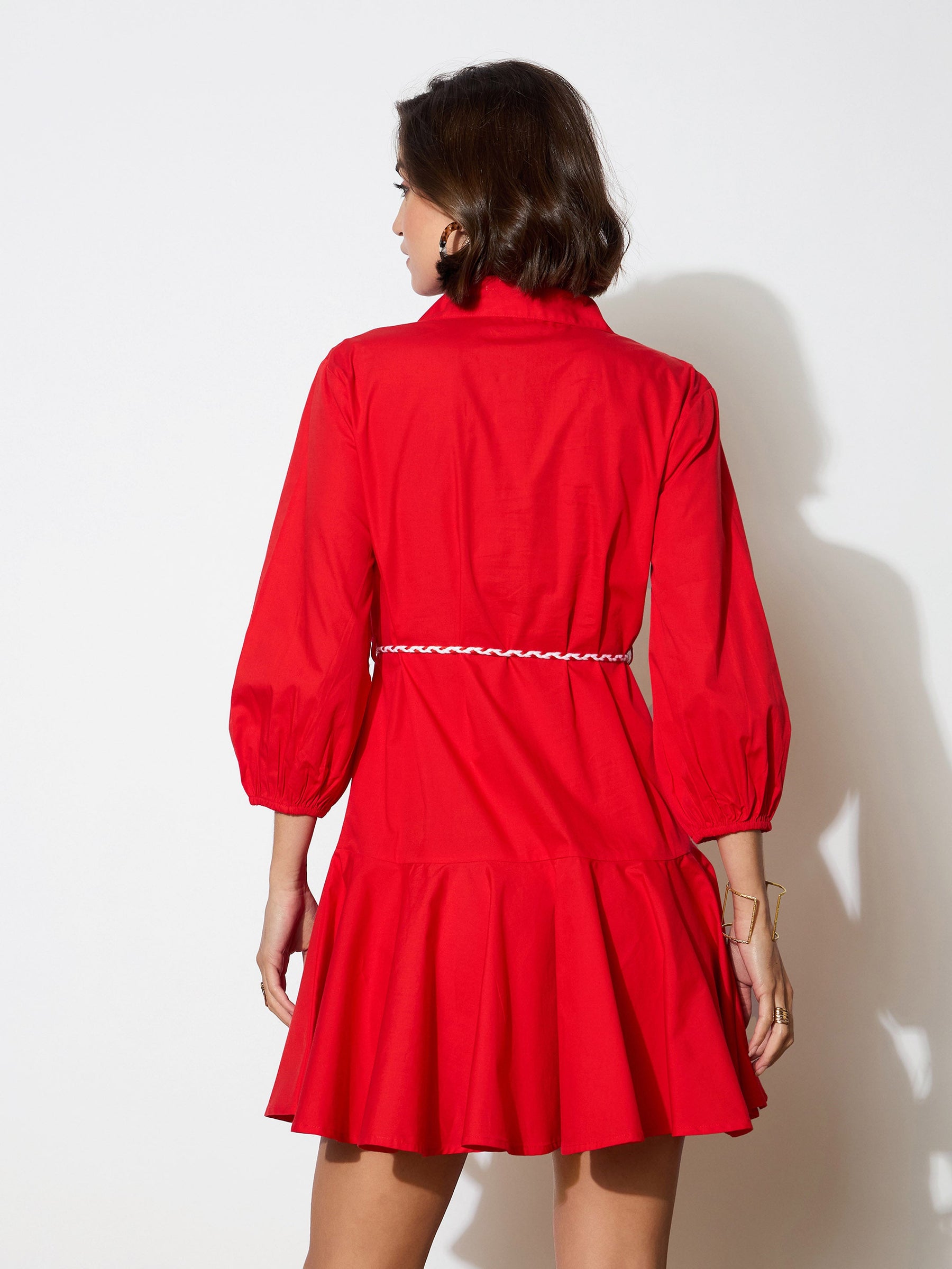 Red Poplin Short Skater Dori-Belt Dress-SASSAFRAS