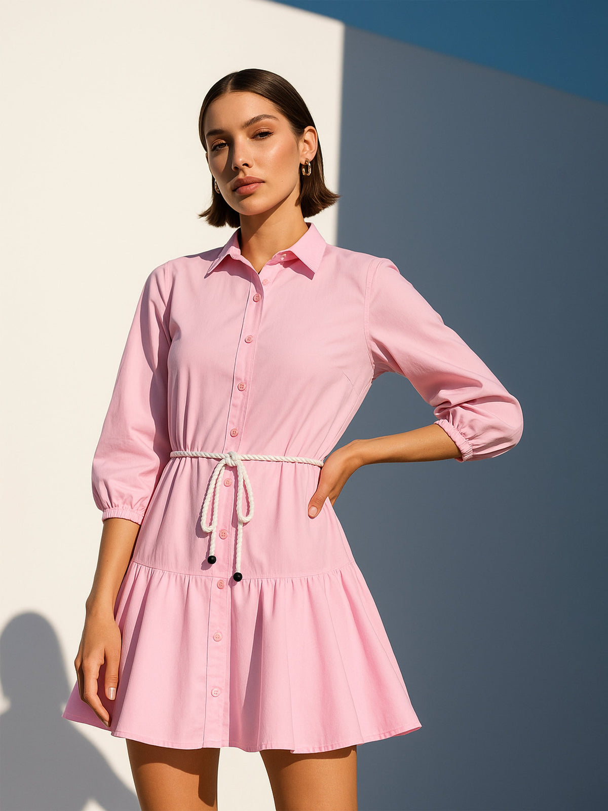 Pink Poplin Short Skater Dori-Belt Dress-SASSAFRAS