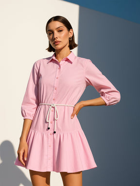 Pink Poplin Short Skater Dori-Belt Dress-SASSAFRAS
