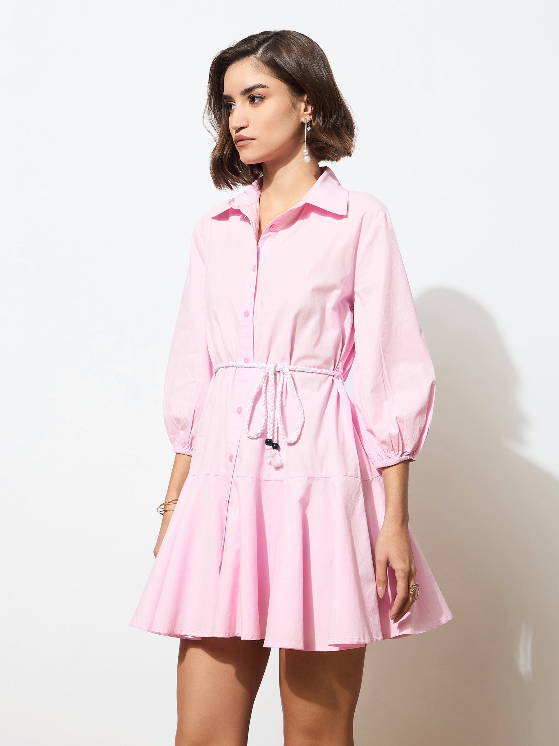 Pink Poplin Short Skater Dori-Belt Dress-SASSAFRAS