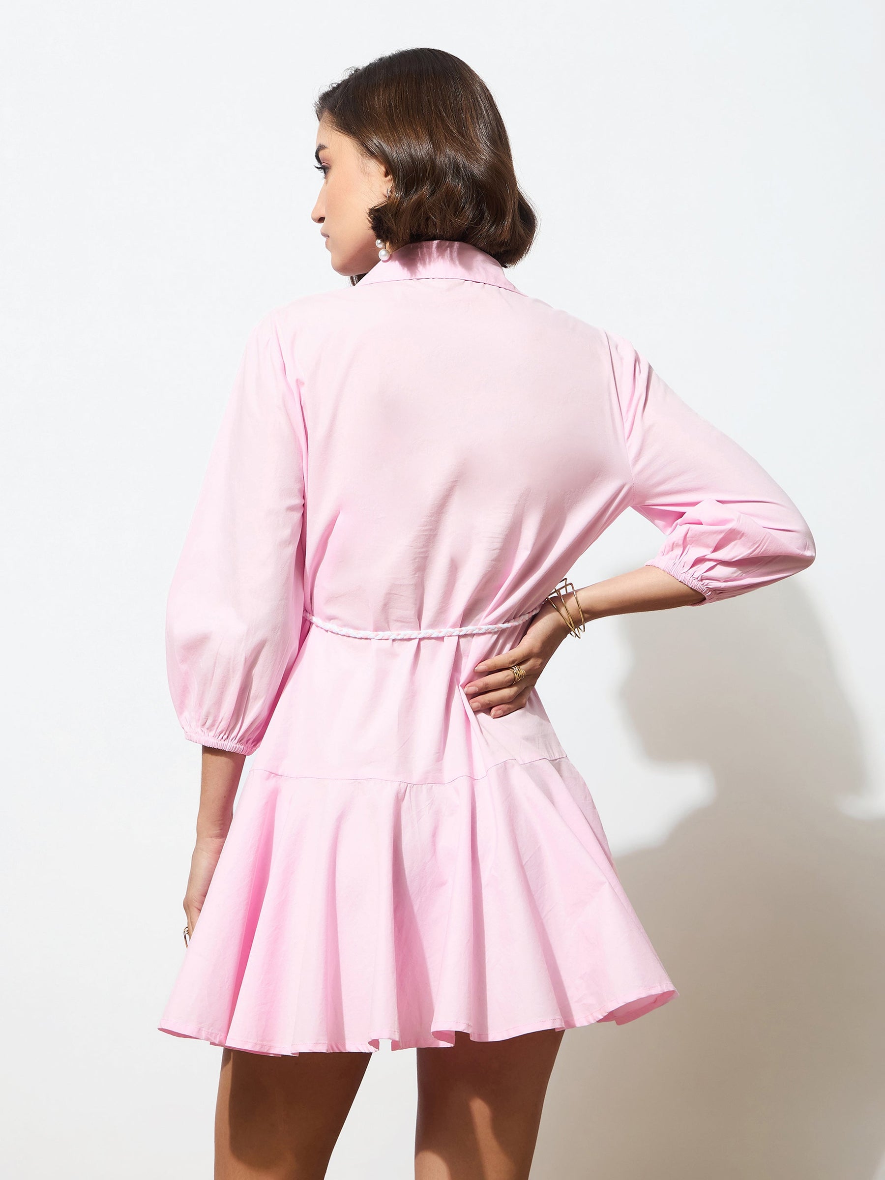 Pink Poplin Short Skater Dori-Belt Dress-SASSAFRAS