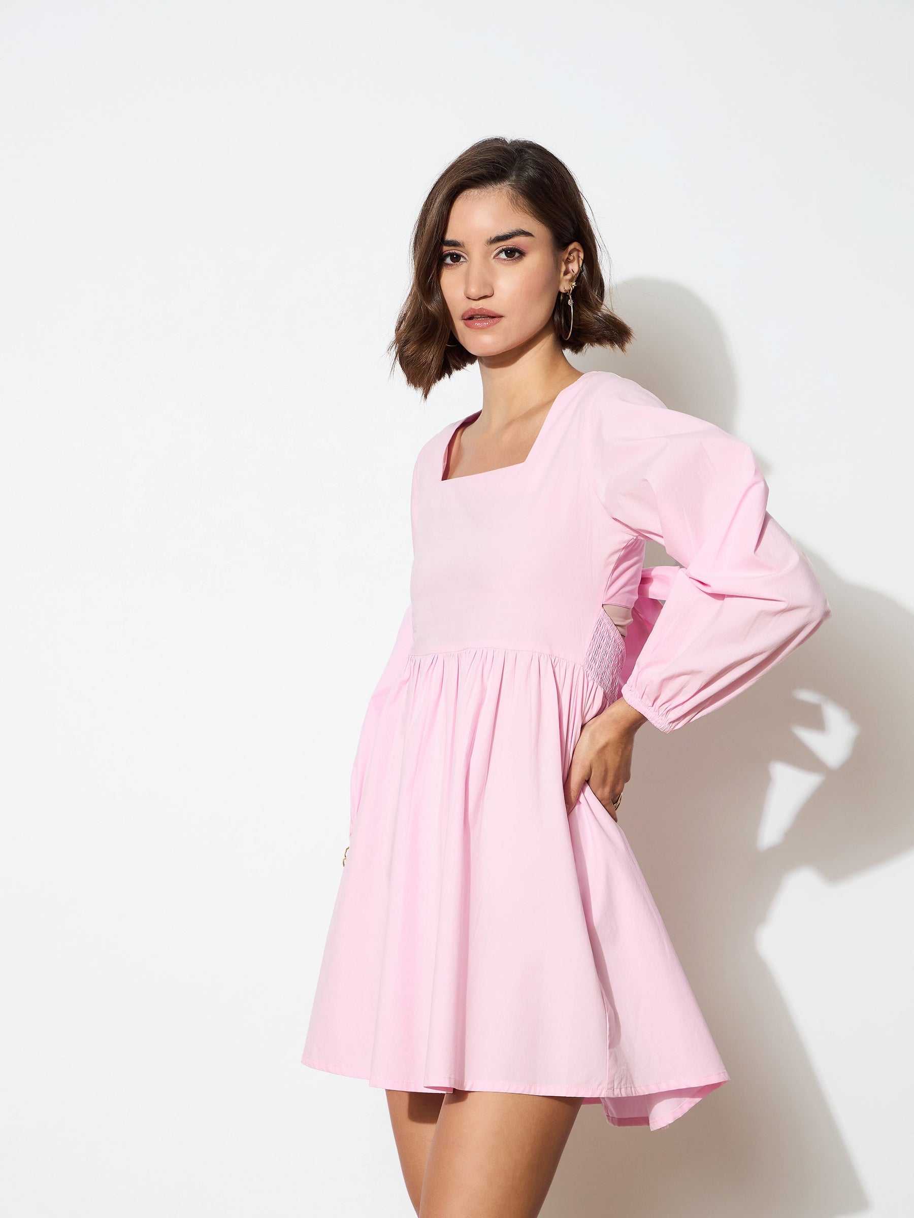 Pink Poplin Back Tie Knot Dress-SASSAFRAS