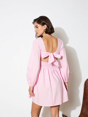 Pink Poplin Back Tie Knot Dress-SASSAFRAS