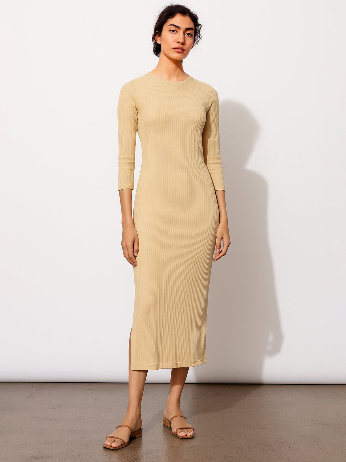 Beige Rib Mock Round Neck Midi Dress-SASSAFRAS
