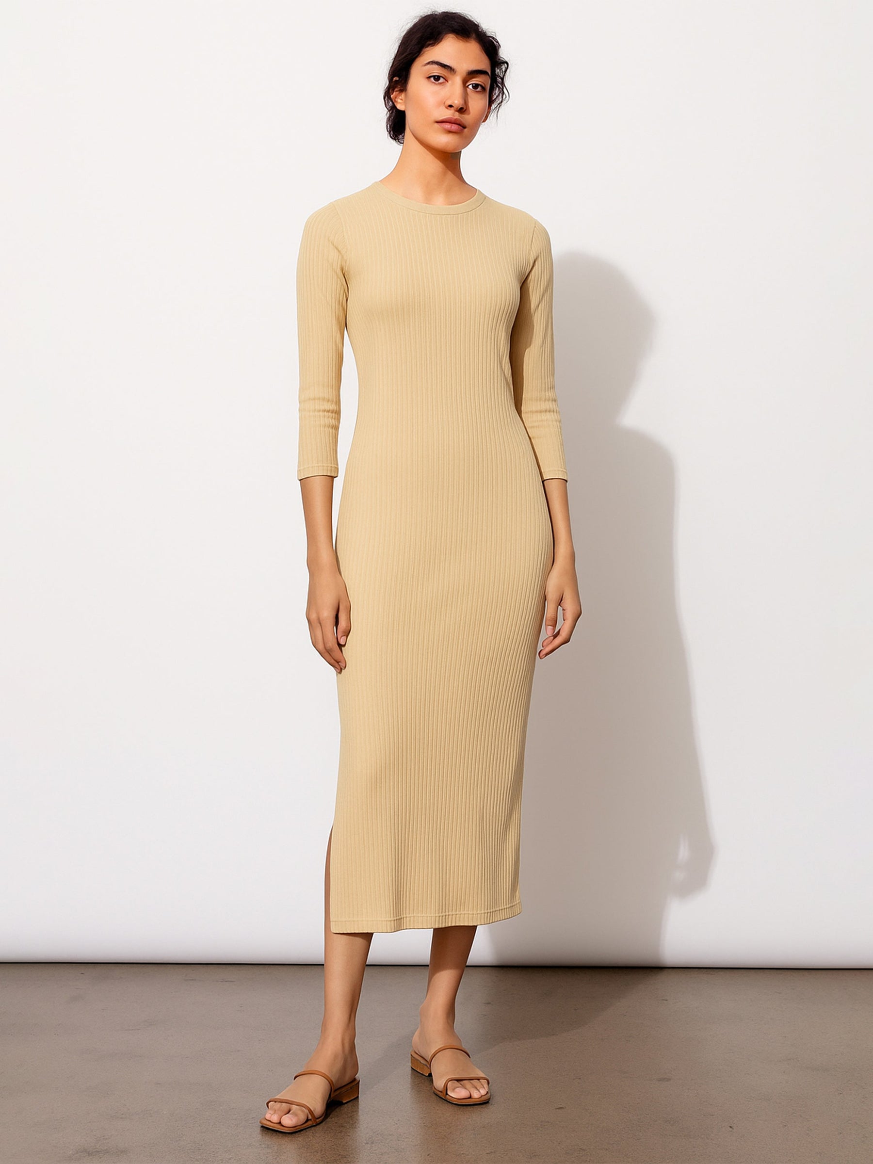 Beige Rib Mock Round Neck Midi Dress-SASSAFRAS