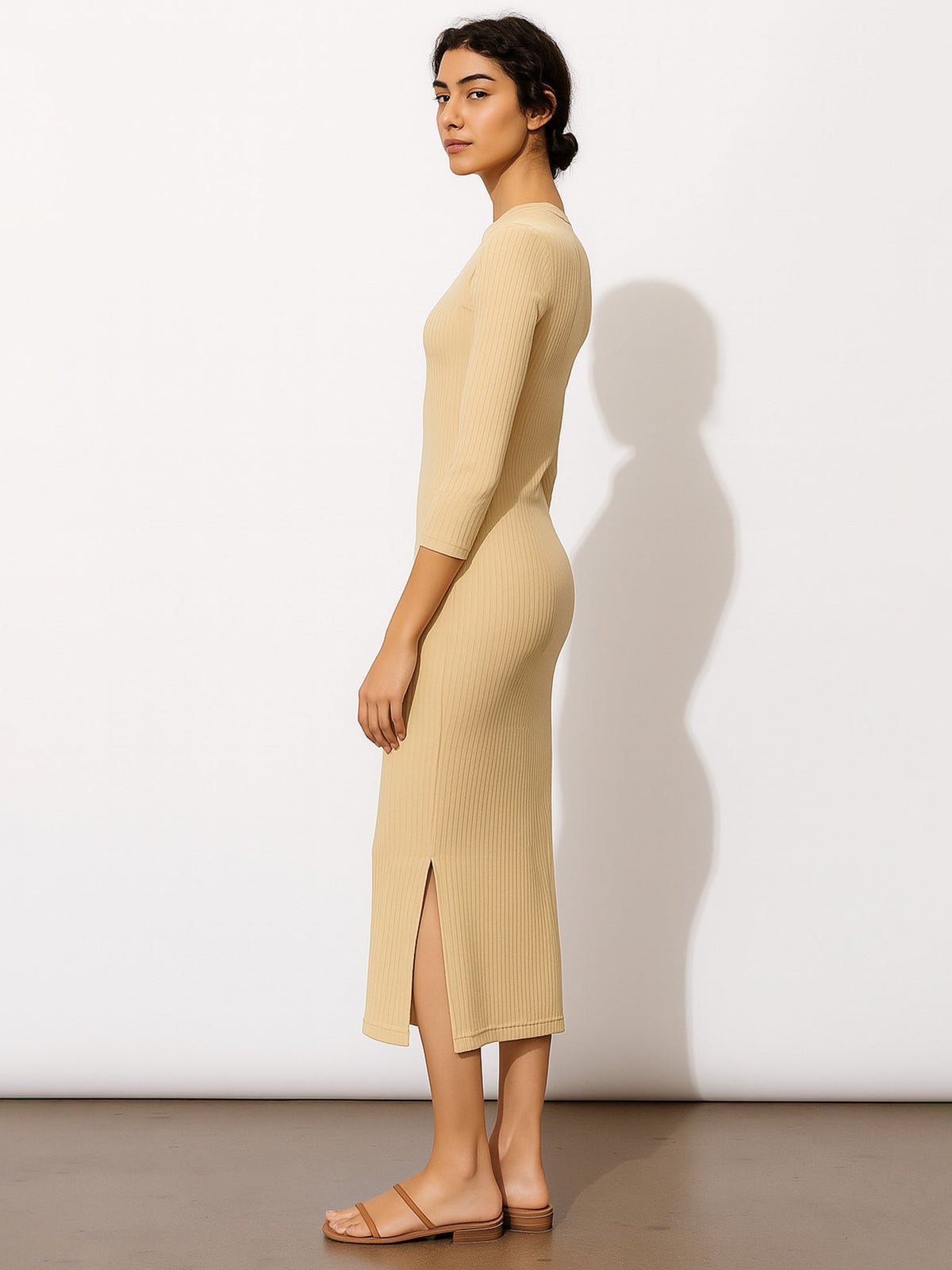 Beige Rib Mock Round Neck Midi Dress-SASSAFRAS